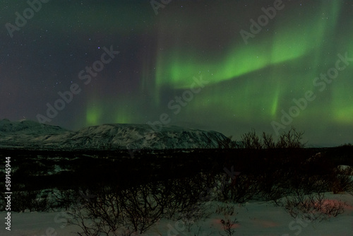 imagen de un paisaje nocturno nevado con una aurora boreal en el cielo de Islandia