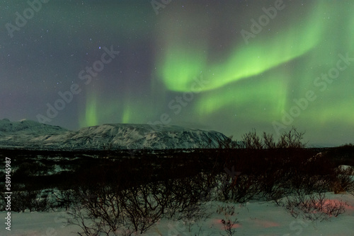 imagen de un paisaje nocturno nevado con una aurora boreal en el cielo de Islandia