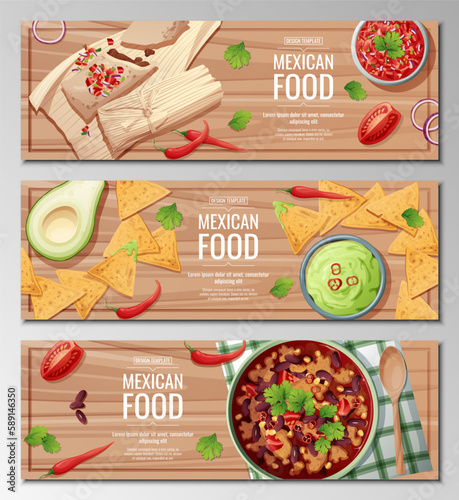 Set of horizontal banners with mexican food on a wooden background. Tamales, nachos, bean soup. Banner, flyer, poster, advertisement of traditional Mexican food.