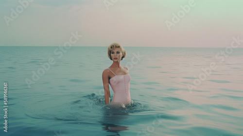 Young beautiful modern fashion girl in retro styling  elegant woman standing in warm calm lake. Gloomy colors of water in the morning landscape. Generative AI.