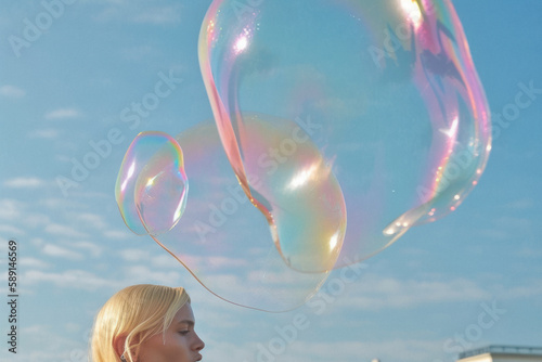 A young beautiful girl on a balcony with giant soap bubbles in the city center with a view of the architecture of the city and the street. Generative AI. © Uncanny Valley