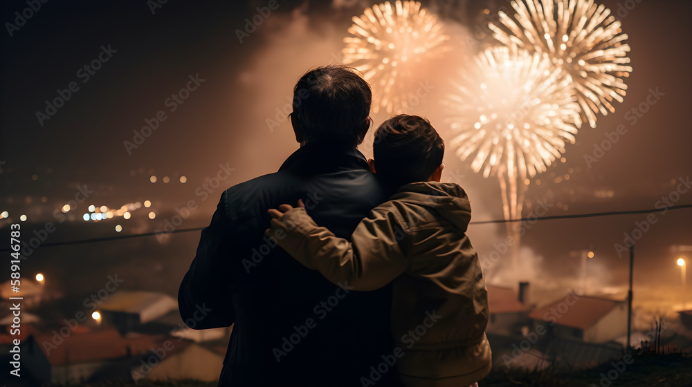 Father holding his son in his arms watching some beautiful fireworks. Concept of family and father's day. Generative ai