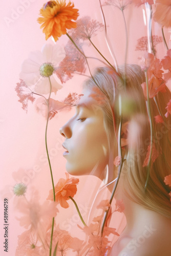 Portrait of young beautiful gentle girl in nature, fresh spring meadow flowers in morning fog and smoke. Pastel pink background. Generative AI.