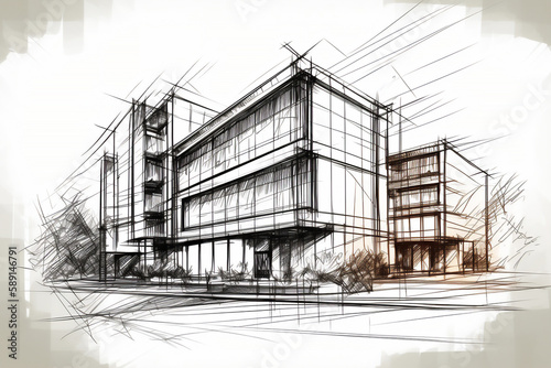Architectural ink drawing design which is a blue print design by an architect for the construction plan of business complex for the construction industry, computer Generative AI stock illustration 