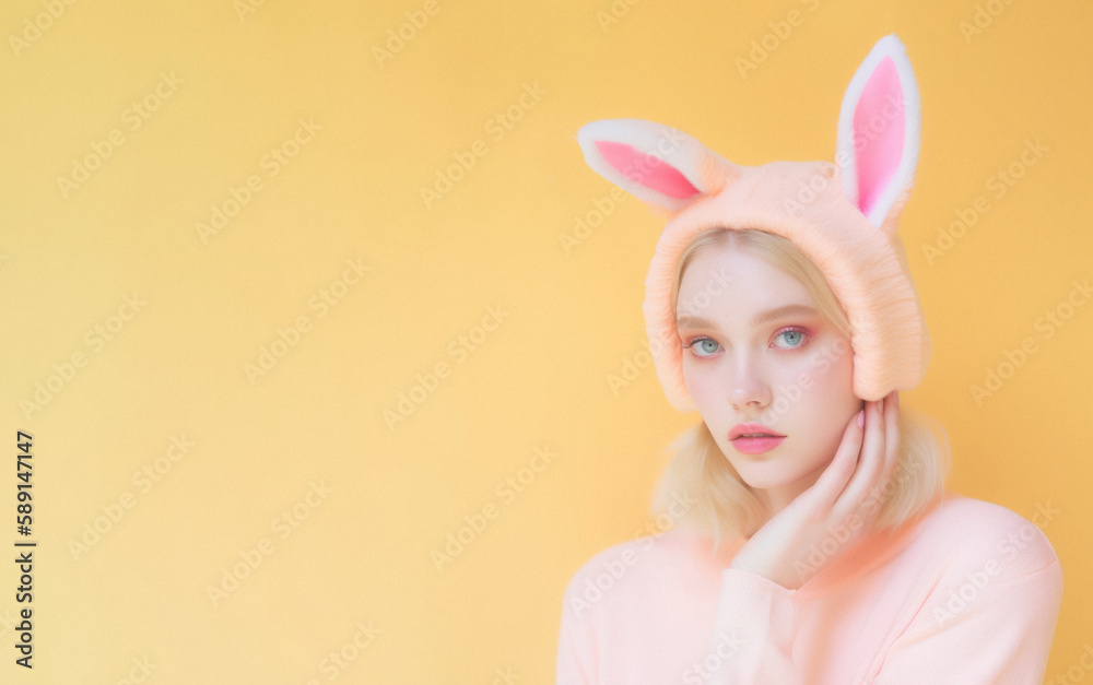 Spring holiday portrait of a young beautiful girl on a pastel background, a girl who has an Easter ribbon on her hair made of a rabbit and bunny ears. Generative AI.