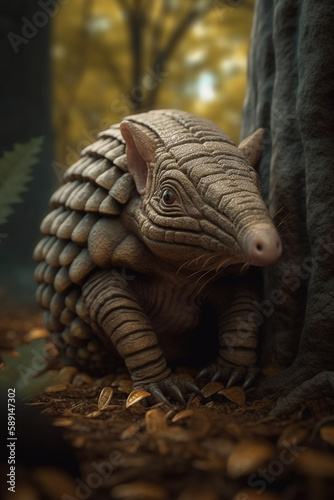 Armadillo Peeking Out From Fairytale Forest Tree Generative Ai Digital Illustration Part 030423 © Cool Patterns