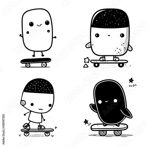Doodle set of sports kids character on skateboard on white background.