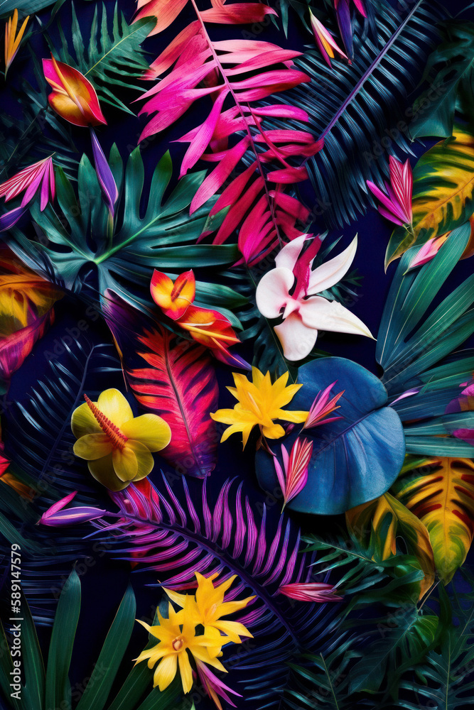 Seamless pattern tropical background, illustration of exotic summer leaf and plants in vivid colorful colors, flat lay. Generative AI. Seamless pattern tropical background, illustration of exotic summer leaf and plants in vivid colorful colors, flat lay. Generative AI.