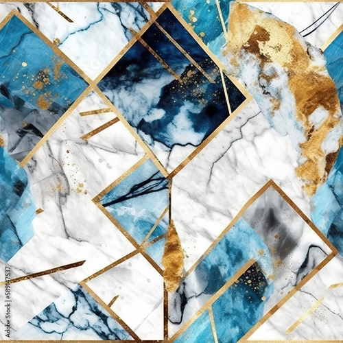 Texture pattern of liquid gold marble and blue, generative AI