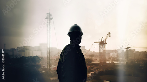 Worker double exposure portrait, construction, generative AI © Nicolas