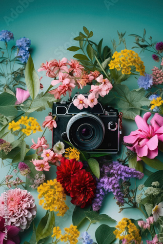 Tropical camera on background, exotic fresh Summer palm leaves, plants and vivid colorful neon colors flowers. Generative AI.