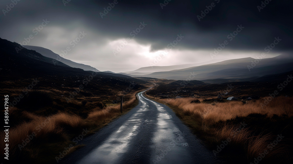Empty, winding road disappearing into the distance, with the stark landscape and moody sky.