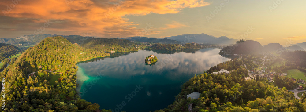 Aerial view of church of Assumption of Maria on the Bled lake.