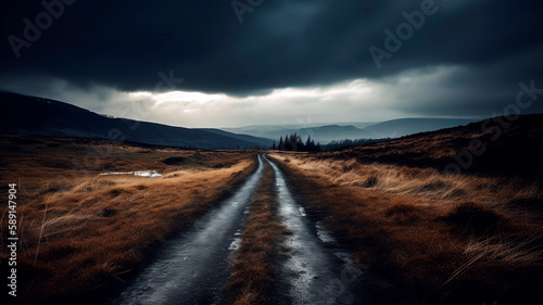 Empty, winding road disappearing into the distance, with the stark landscape and moody sky.