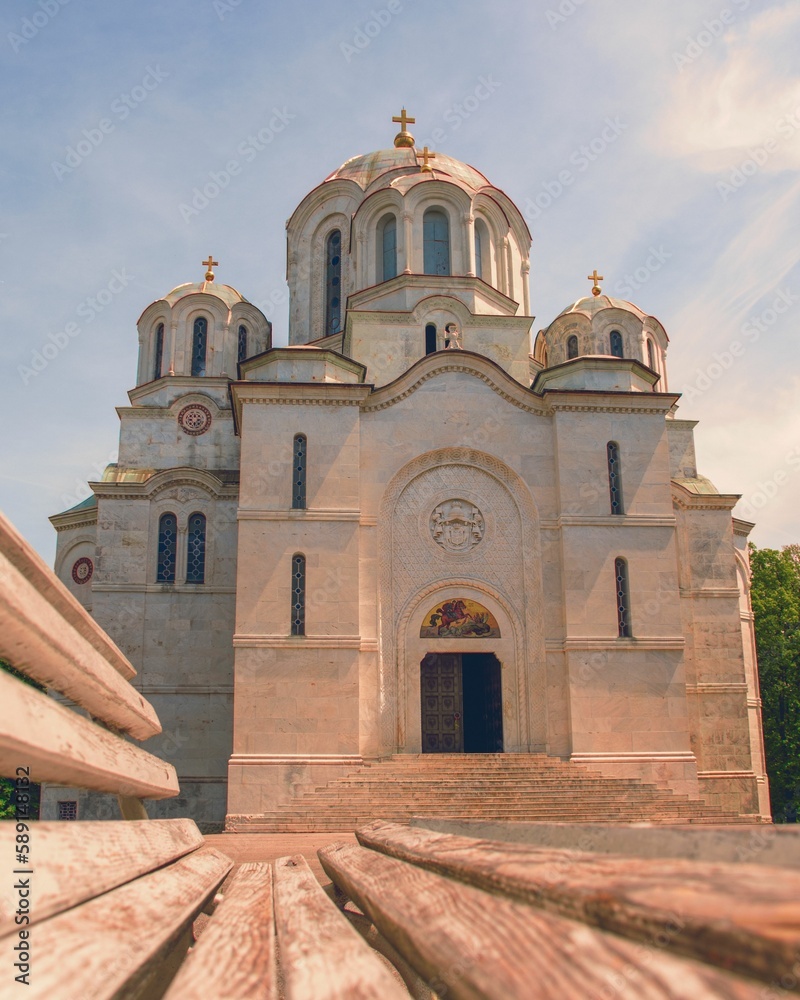 Low angle shot of Holy Martyr George church on a sunny day in Topola, Serbia
