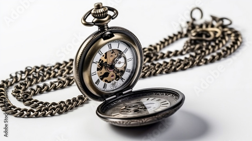 Pocket watch swinging on a chain white background. Generative AI.