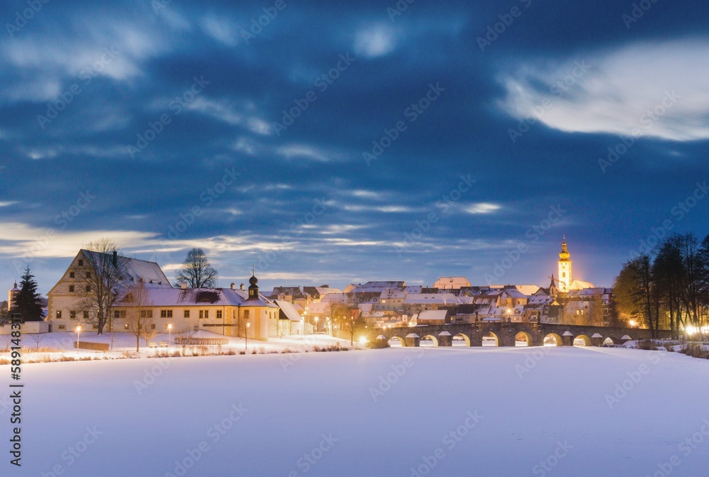 Beautiful shot of the illuminated skyline of Tirschenreuth, Germany at night in the winter