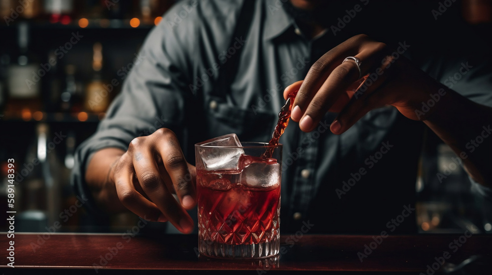 red cocktail being poured over ice from a plastic bottle by an African bartender. Generative AI.
