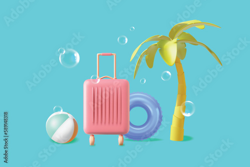Summer Travel and Tourism Concept Element Set Plasticine Cartoon Style Include of Baggage, Ball and Palm Tree. Vector illustration