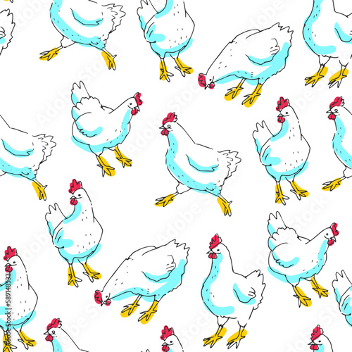 Vector seamless pattern with white chickens isolated on a white background. A hand-drawn texture with cute birds on a farm in a doodle style.