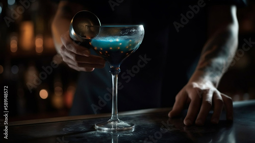 Unrecognizable barman in apron standing in dark bar and preparing fresh alcohol cocktail. Generative AI. © Aiakos