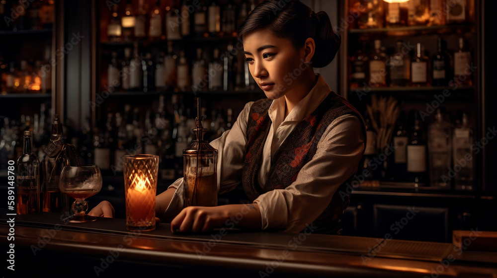 Girl barman makes a cocktail. Generative AI.