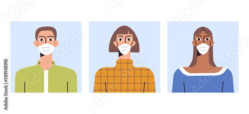 Covid 19 people wearing protective masks avatar girl plaid clothes coronavirus flat vector illustration