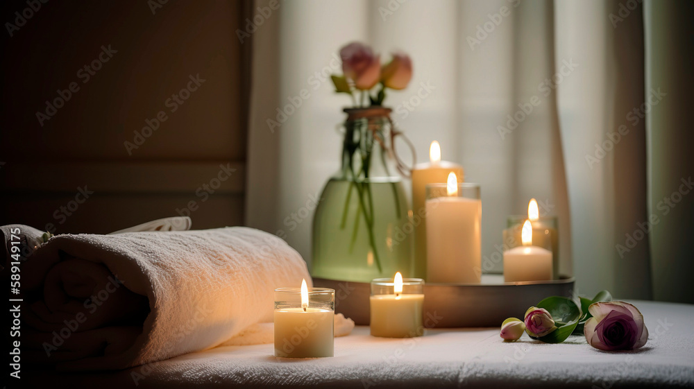 Beautiful and relaxing spa with candles, flowers, and towels. natural light coming from the window.