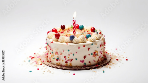 Birthday cake with candles, bright lights bokeh. Generative AI.