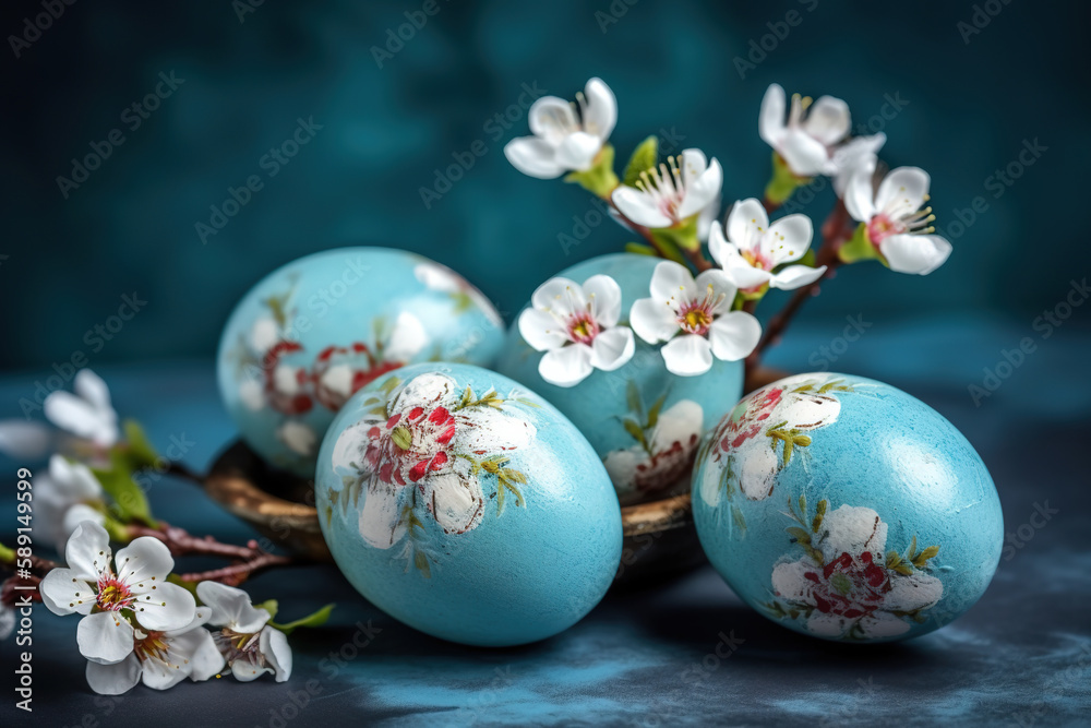 Fototapeta premium Easter eggs, feathers in a nest on rustic background.
