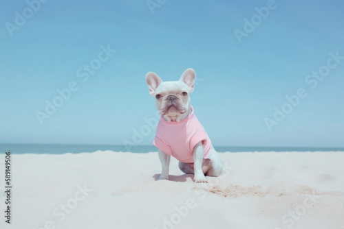 Little cute dog enjoying a hot sunny day on the sand on the seashore, French bulldog on summer vacation. The beach party begins. Generative AI.