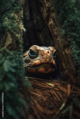 Tortoise Peeking Out From Fairytale Forest Tree Generative Ai Digital Illustration Part 030423 © Cool Patterns