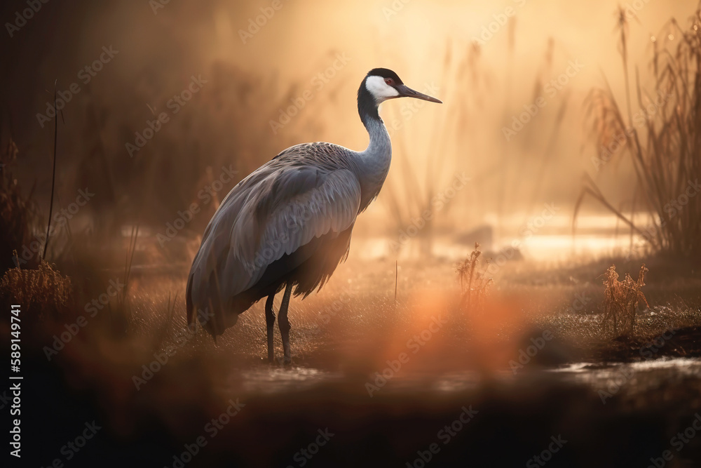 Naklejka premium Wild common crane, grus grus, walking on hay field in spring nature.