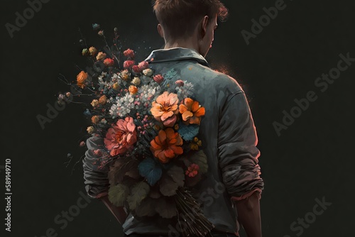 Man holding bouquet of flowers as serprise for girlfriend, created with generative ai photo