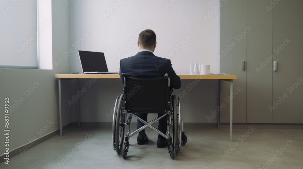 Fictional Person, Disability and Productivity: A Person in a Wheelchair Working with a Laptop at Work, generated by IA Fictional Person, Disability and Productivity: A Person in a Wheelchair Working with a Laptop at Work, generated by IA