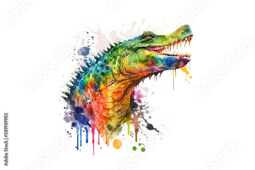 crocodile is drawn with multi-colored watercolors isolated on a white background. Generated by AI