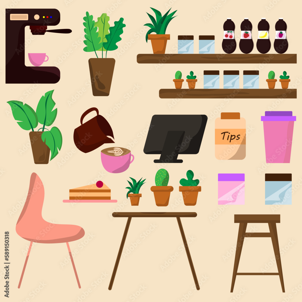 Elements from a coffee shop. Coffee shop, cafe or restaurant. Table, chair, potted flower, cup, syrup shelf, coffee machine, cake, chair, tips, cash register. Flat style icons.