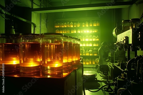 Futuristic laboratory environment with amber colored tubes and containes generative ai photo