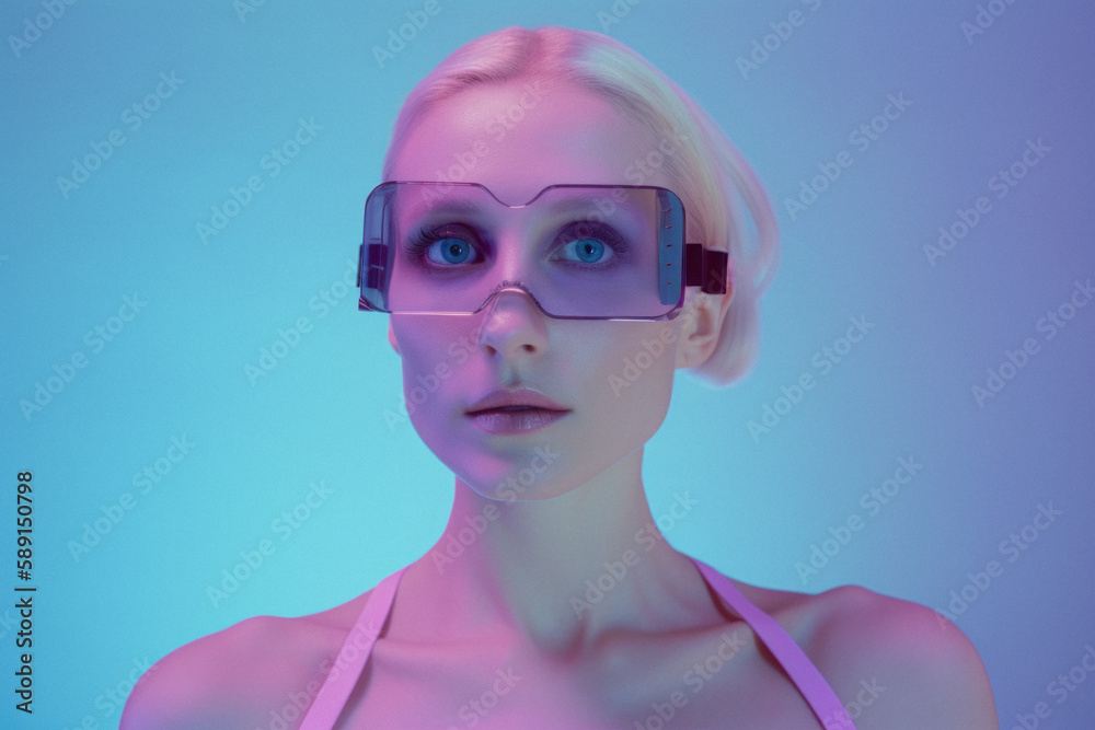 Young modern beautiful girl, elegant fashion outfit with futuristic, trendy sunglasses. Portrait of a beautiful modern girl. Generative AI. Young modern beautiful girl, elegant fashion outfit with futuristic, trendy sunglasses. Portrait of a beautiful modern girl. Generative AI.
