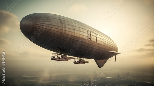 Steampunk zeppelin in the sky above the city generative ai