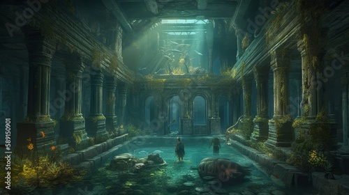 Discovering the Enigmatic Underwater World  Ultra HD Details and Super-Wide Angles of Ancient Architecture and Abandoned Corridors  Generative AI