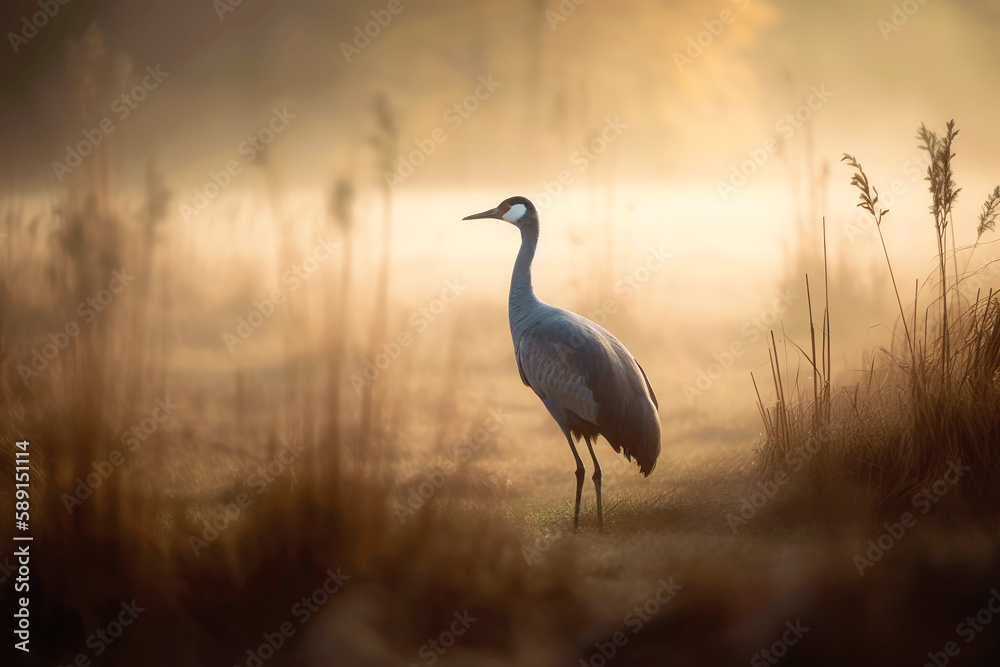 Fototapeta premium Wild common crane, grus grus, walking on hay field in spring nature.