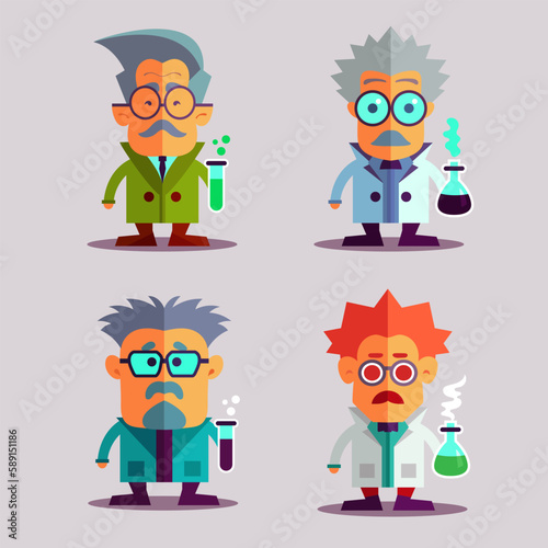 Set of vector cartoon crazy scientists. Doctor with test tubes and poison