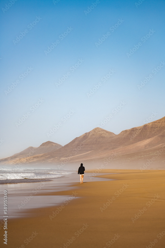 Stunning view a person walking on the Cofete beach surrounded by the chain of mountains of the Jandía Natural Park. Fuerteventura, Canary Islands.