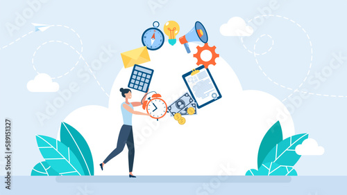 Businesswoman juggler planning time work. Management concept. Business and finances. A woman juggling with office equipment. Office worker juggles mail, documents, time, and money. Vector illustration