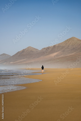 Stunning view a person walking on the Cofete beach surrounded by the chain of mountains of the Jand  a Natural Park. Fuerteventura  Canary Islands.