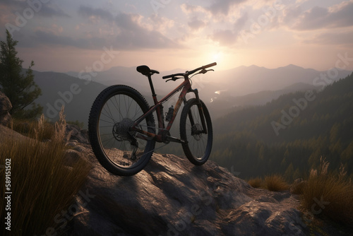 Bicycle on a mountain trail with stunning evening views, Generative AI 