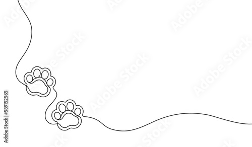 Paw continuous line drawing. One single hands drawn contour dog or cat. Design prints. Mark footprint oneline. Black lineart sketch isolated on white background. Marks outline bg. Vector illustration
