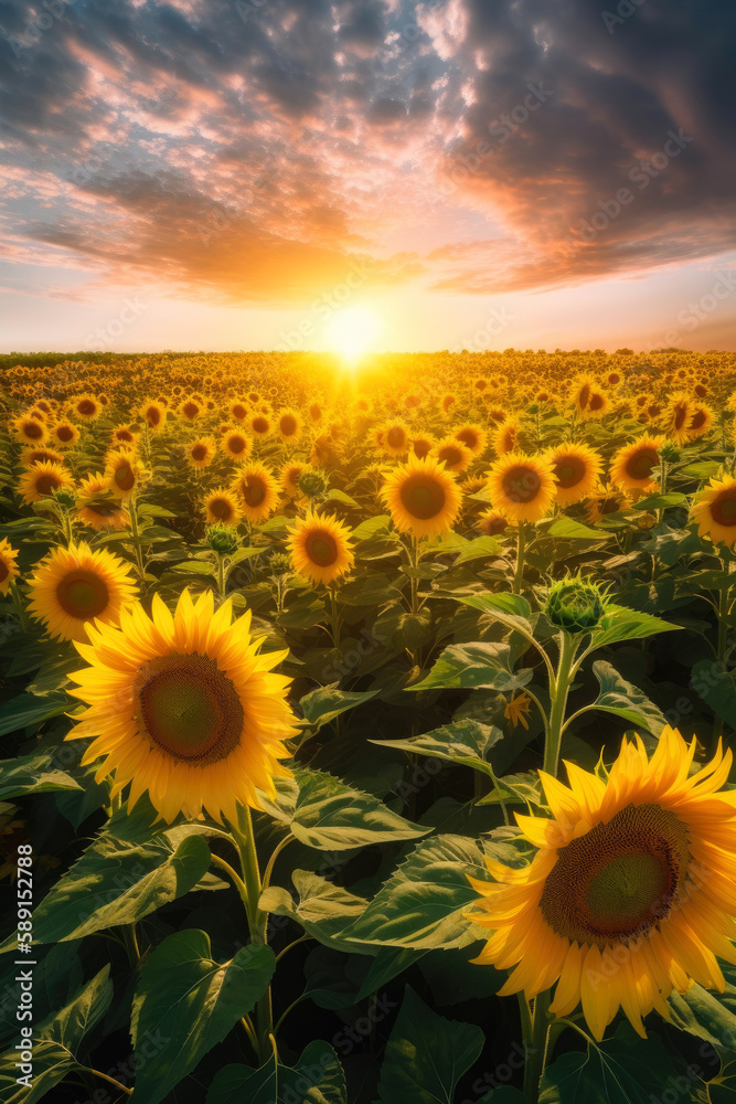 Sunflower field, agricultural landscape. Generative AI