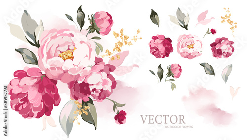 Set of floral branch. Flower pink rose, peonies, green leaves. Wedding concept with flowers. Floral poster, invite. Vector arrangements for greeting card or invitation design